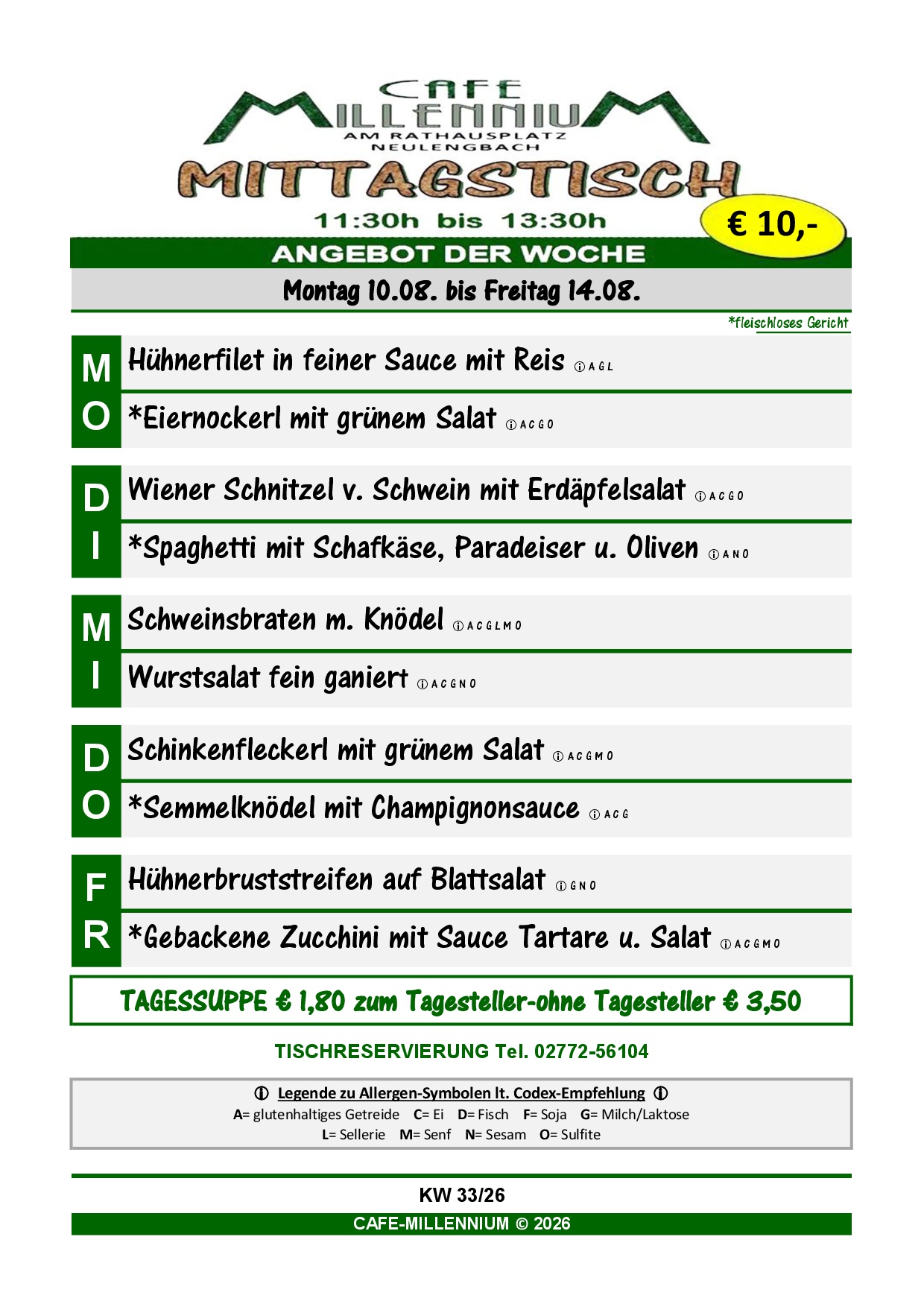 Cafe Millennium – Menüplan KW33 – Seite 1