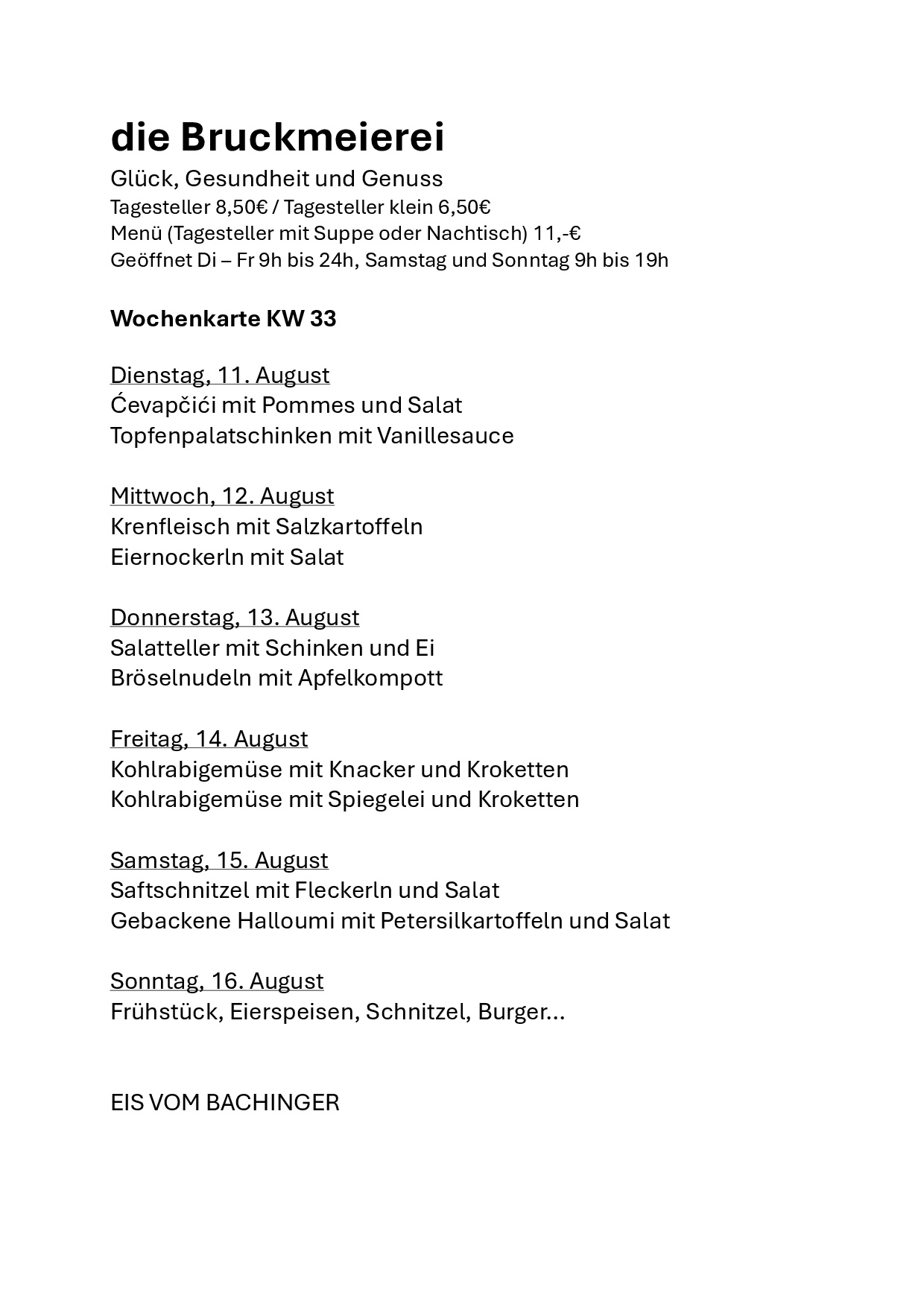 Die Bruckmeierei – Menüplan KW33 – Seite 1