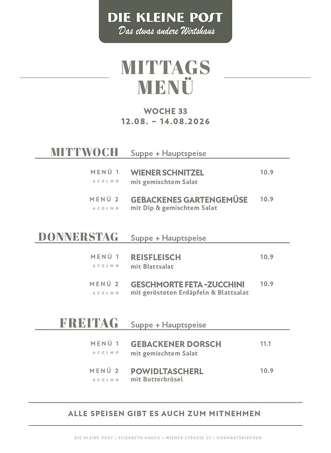 Die kleine Post – Menüplan KW33 – Seite 1
