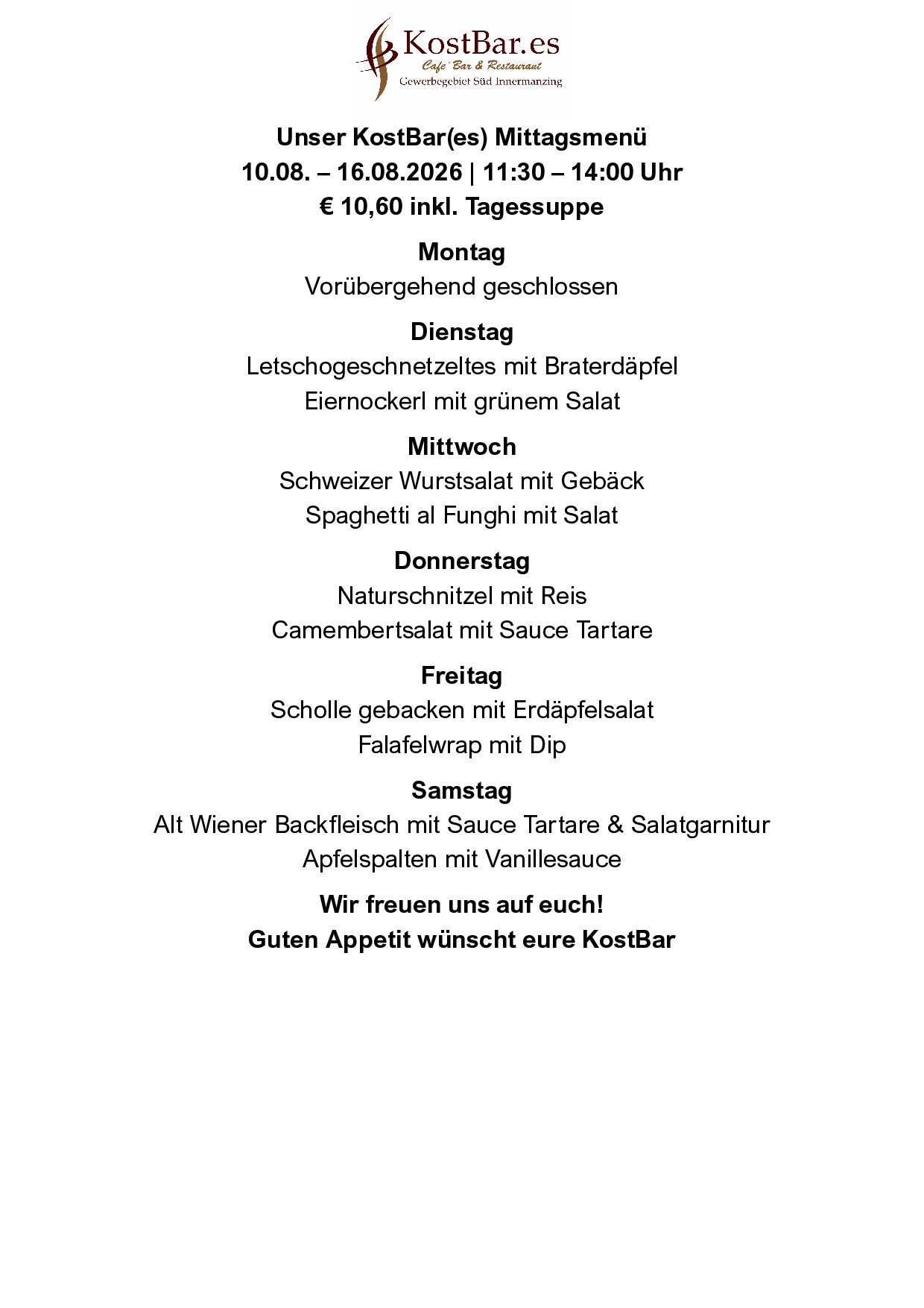 Kostbar – Menüplan KW33 – Seite 1