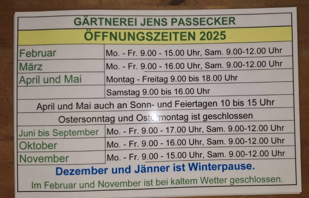 Gärtnerei Passecker / Tullnerbach: Öffnungszeiten 2026