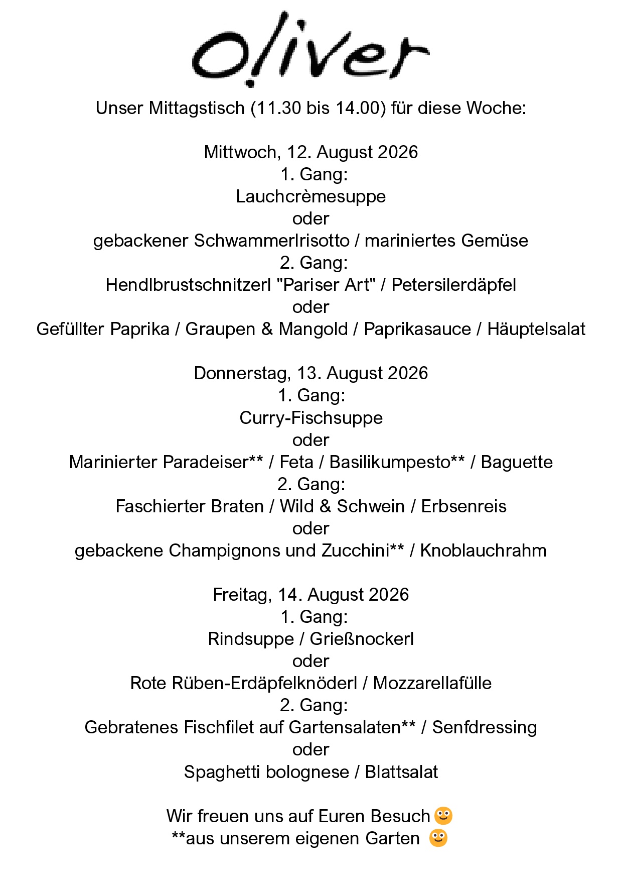 Wirtshaus Oliver – Menüplan KW33 – Seite 1