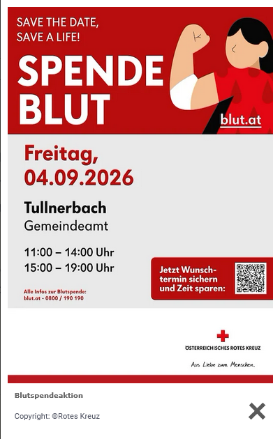Spendue Blut - im Gemeindeamt Tullnerbach: 04.09.2026