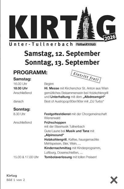 Kirtag in Unter-Tullnerbach: 12.09.2026 und 13.09.2026