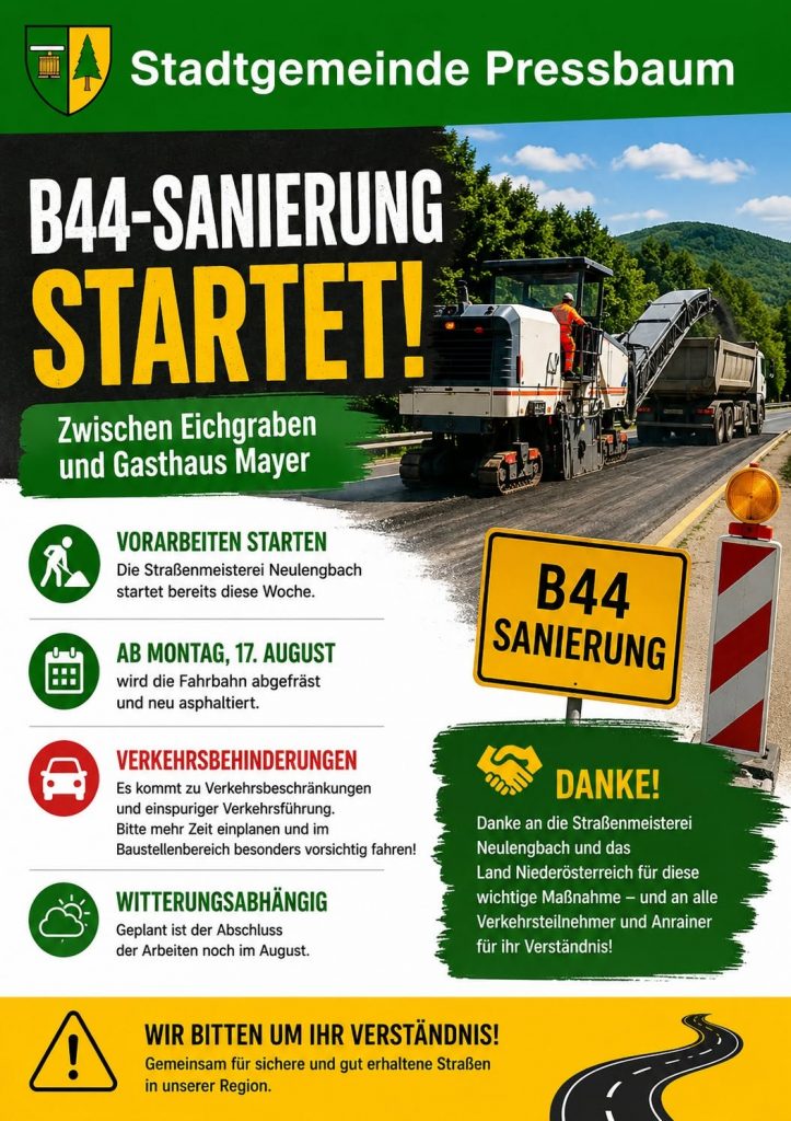 B44 Sanierungsarbeiten - Beginn: 17.08.2026 - Ende: vermutlich Ende August