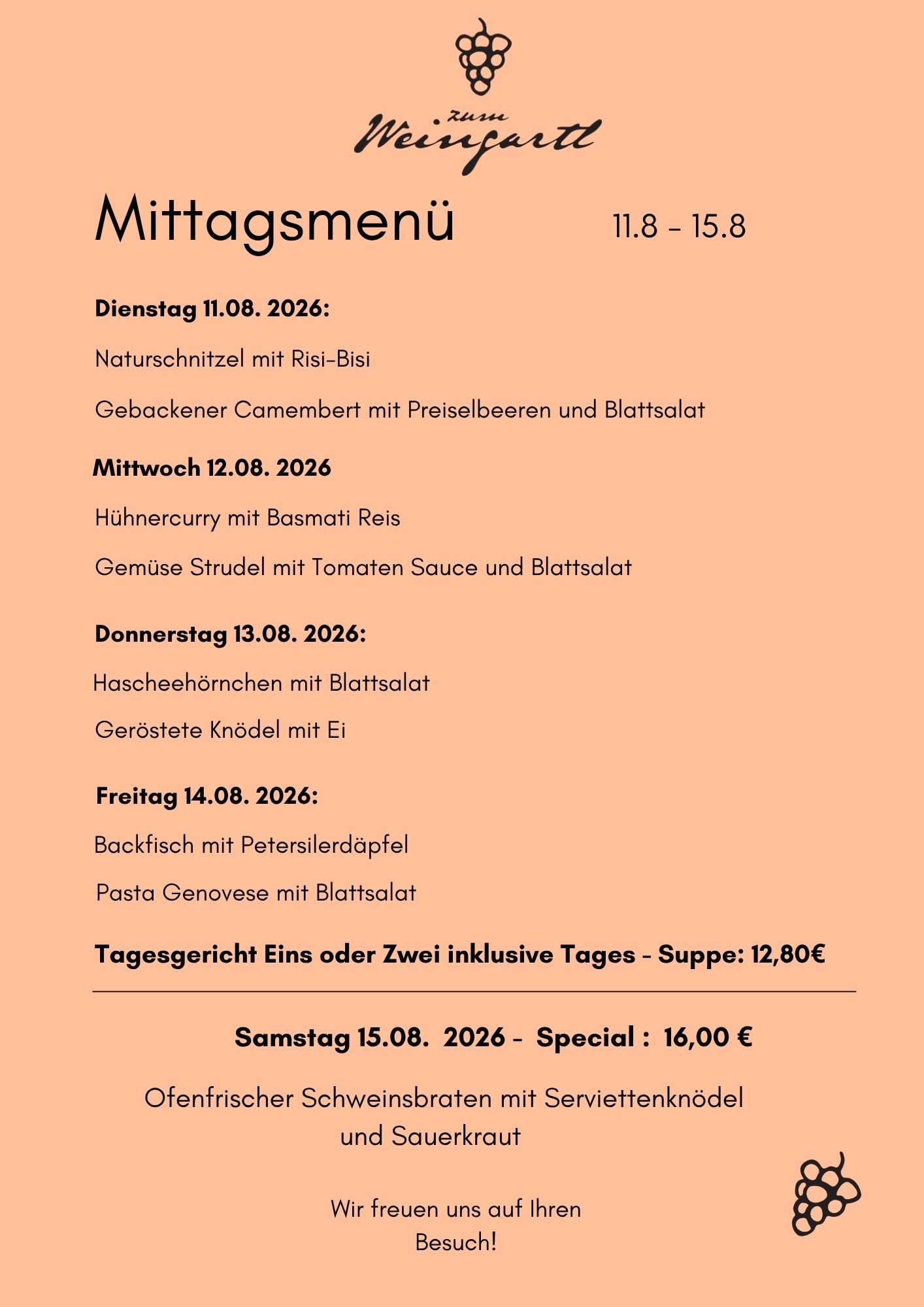 Restaurant Zum Weingartl – Menüplan KW33 – Seite 1